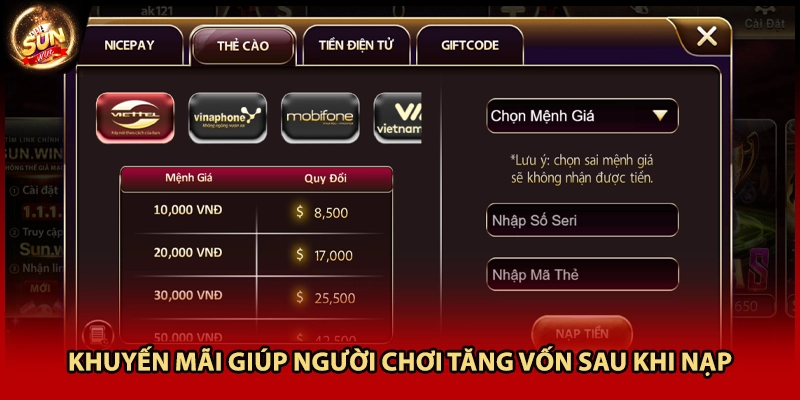 Khuyến mãi giúp người chơi tăng vốn sau khi nạp