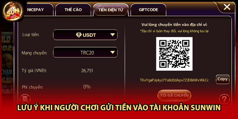 Lưu ý khi người chơi gửi tiền vào tài khoản Sunwin